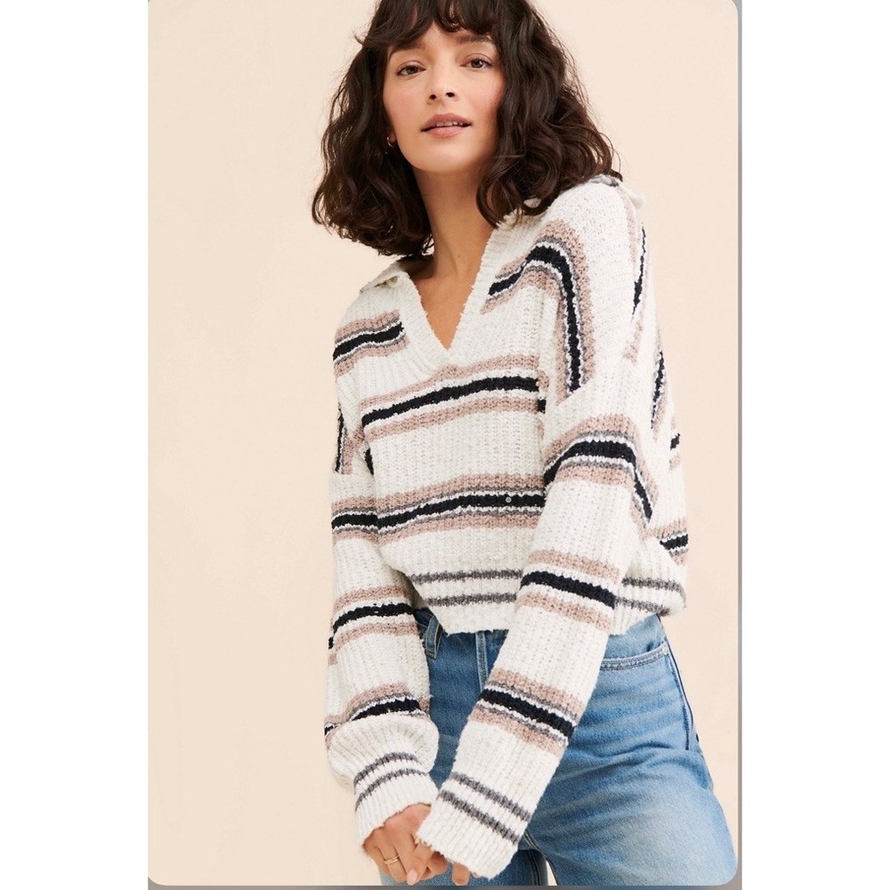 Free People Stripe Pullover Sweater Women Small Comfy Lounge Casual Collar $128